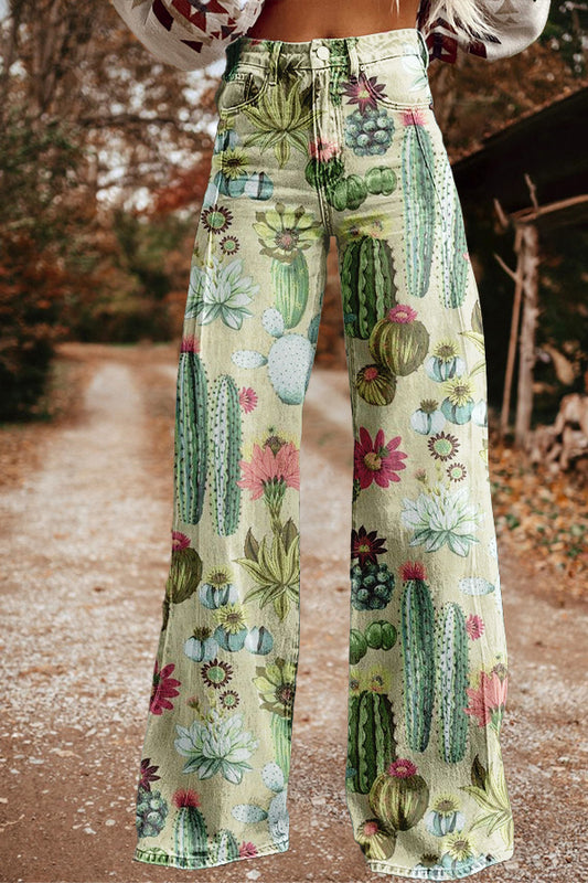 Vintage Western Cactus Print Wide Leg Pants