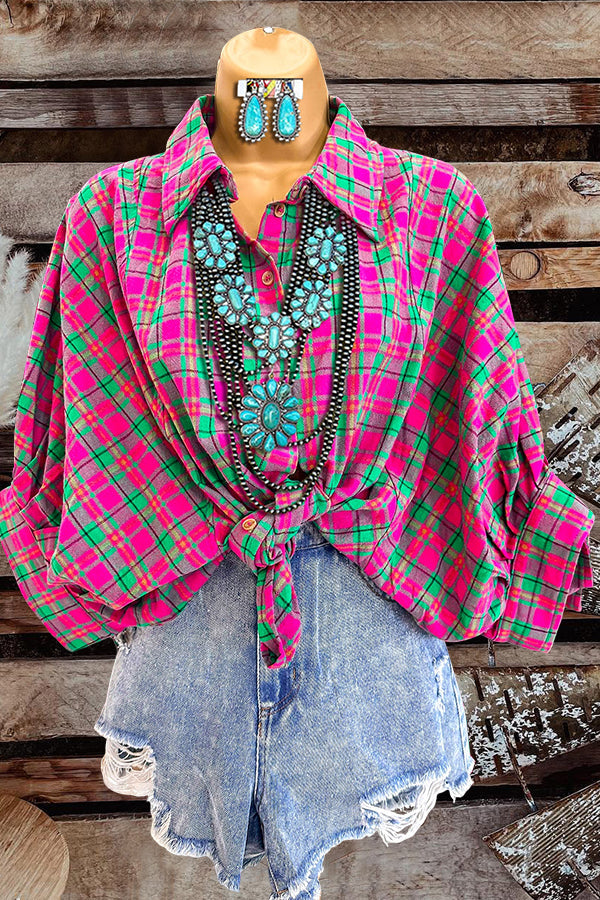 Vintage Plaid Print Batwing Sleeve Shirt