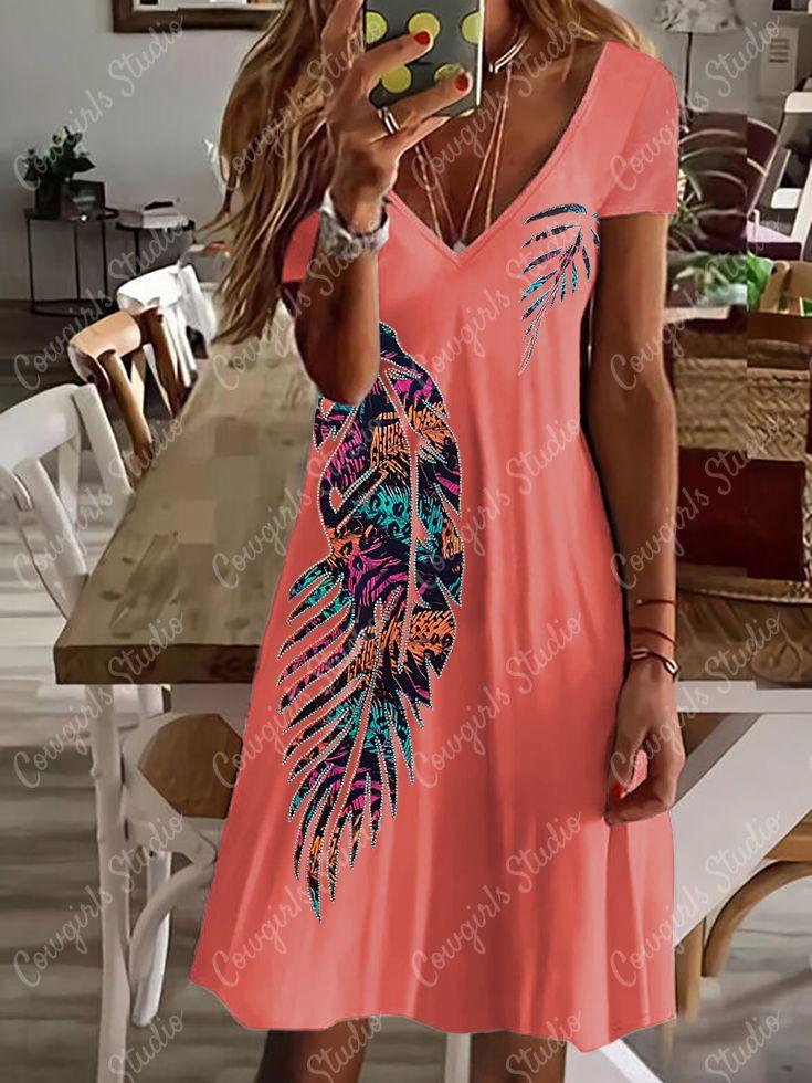 V-neck Western Style Ladies Print Ladies Dress