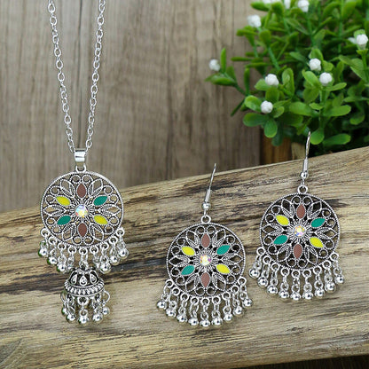 Female Bohemian Tassel Pendant Diamond Earrings Necklace Suit