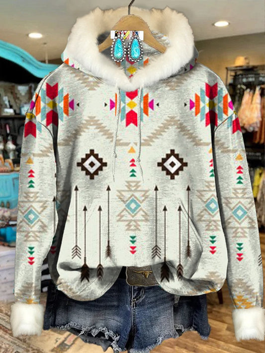 Beige Vintage Aztec Print Imitation Rabbit Fur Trim Casual Hoodie Sweatshirt