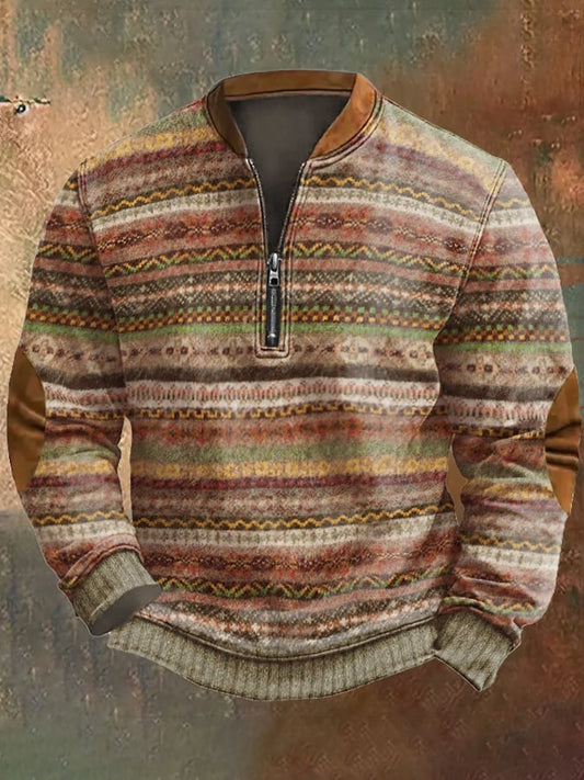 Men's Vintage Knit Print Zip-Up Sweatshirt