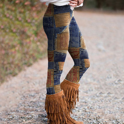 Vintage Denim Print Casual Leggings