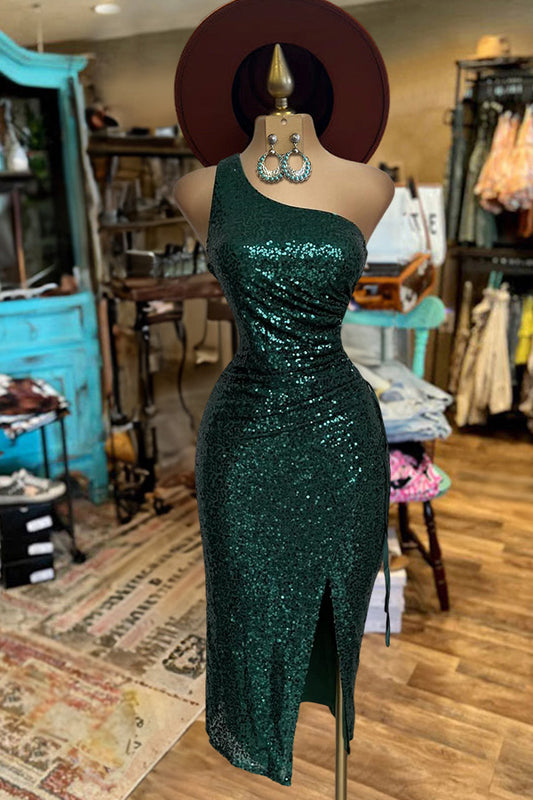 Pretty One Shoulder Slit Sequined Dress