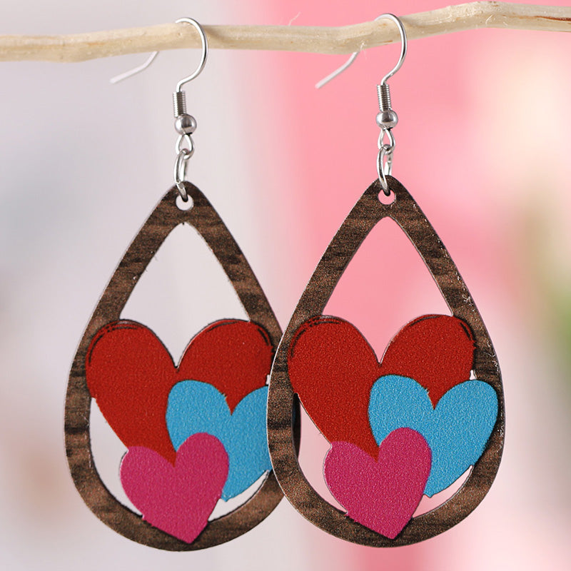 Valentine's Day Heart Patchwork Wooden Drop Earrings