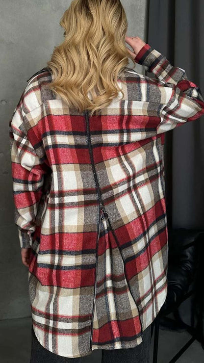 Women's Casual Plaid Print Zippered Long-sleeved Cardigan