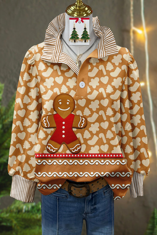 Cute Christmas Gingerbread Print Stand Collar Blouse