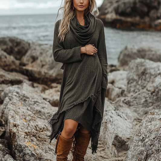 Ocean Breeze Pile Collar Long Sleeve Casual Temperament Dress