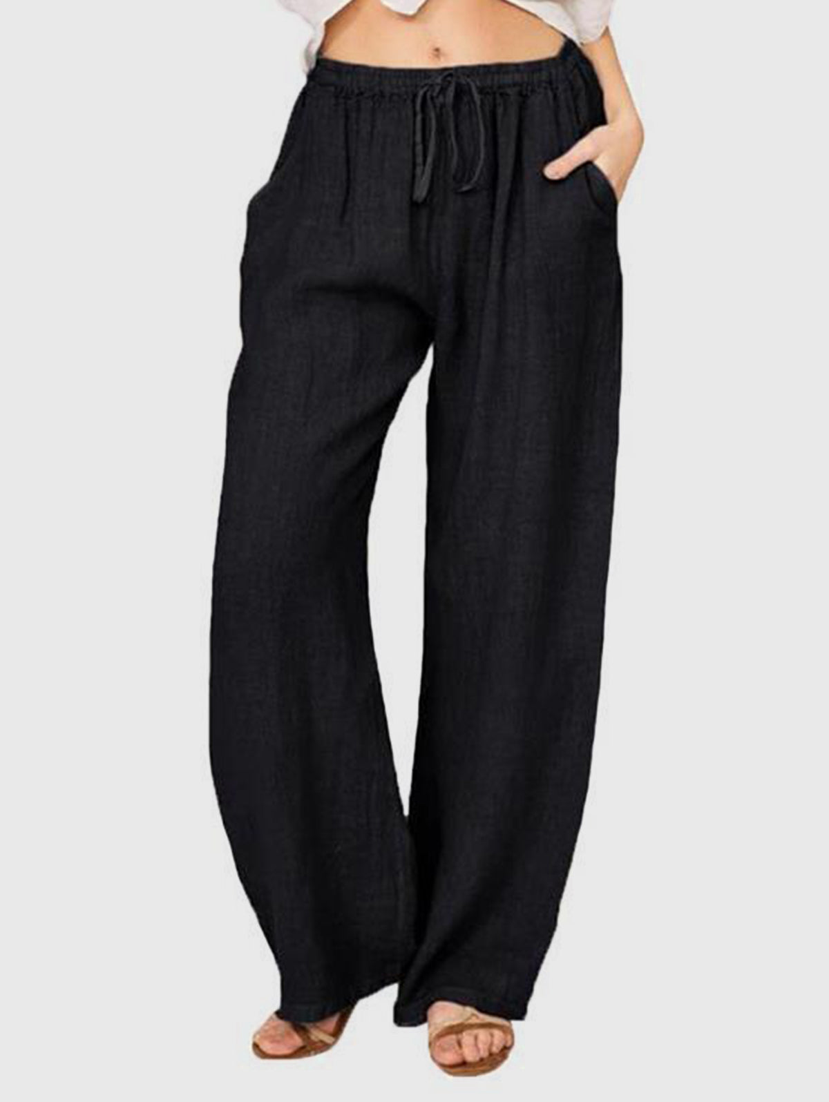 Casual Plain Drawstring Elastic Waist Straight Leg Pants