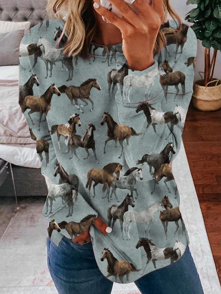 Western Wild Horses Pattern Cozy Sweatshirt