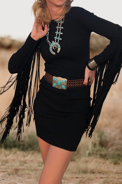 Flowing Fringed Long-sleeve Wrap Mini Dress