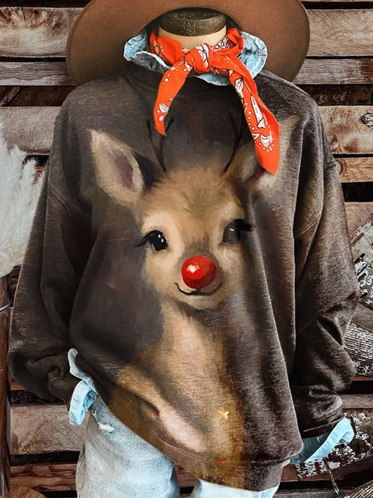 Christmas Elk Print Casual Sweatshirt