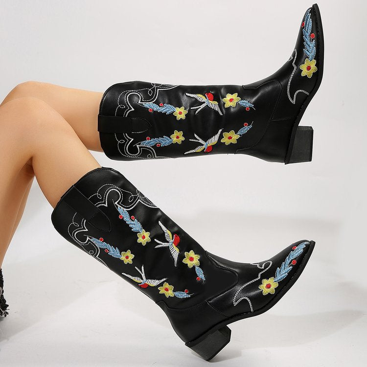 Womens Cowboy Flower Embroidery Casual High Western Boots