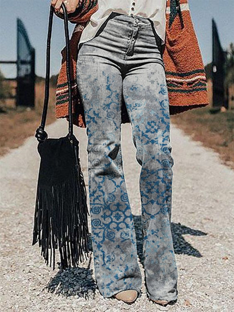 Casual Vintage Print Trousers