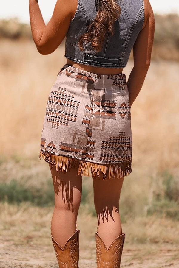 Aztec Printed Fringed Skirt