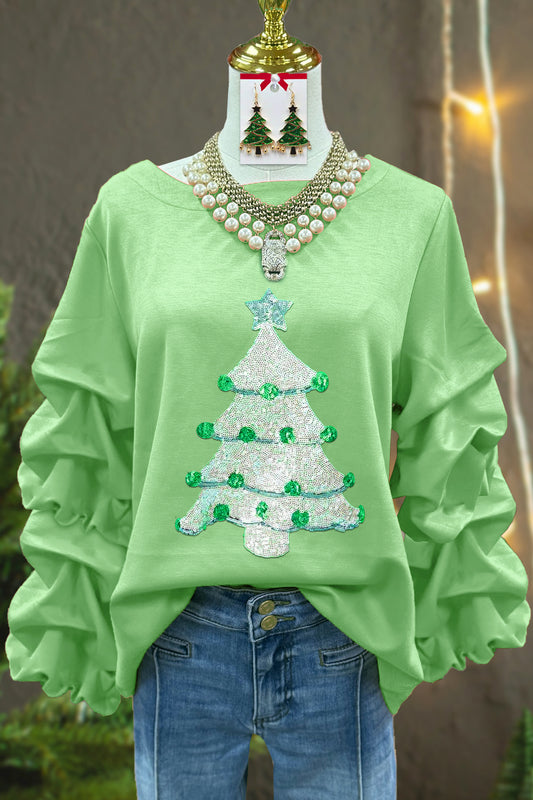 Sweet Christmas Tree Sequined Pleated Sweatshirt