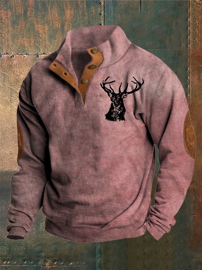 Men's Western Style Printed Stand Collar Button Sweatshirt