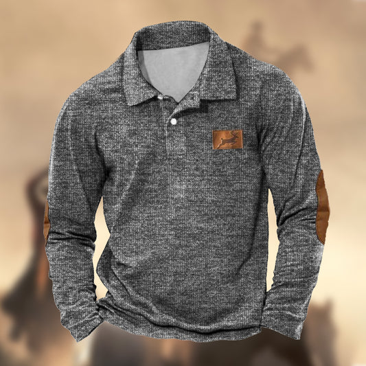 Men's Vintage Gray Texture Polo Shirt Outdoor Elk Hunting Casual Long Sleeve Top