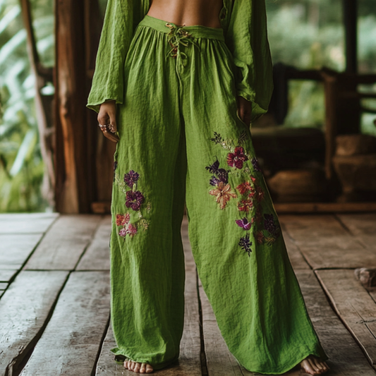 Bohemian Holiday Style Retro Linen Floral Ethnic Totem Print Casual Pants