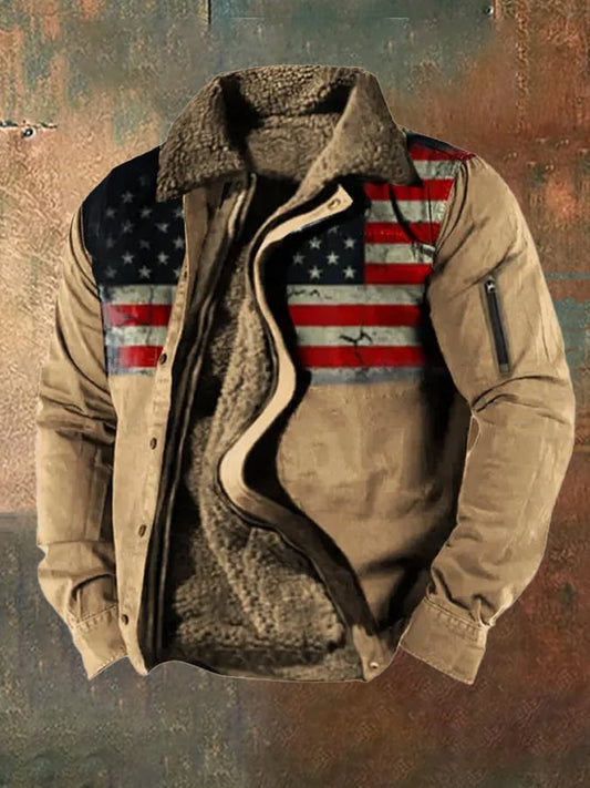 Men's Vintage American Flag Fleece Cotton Work Casual Jacket