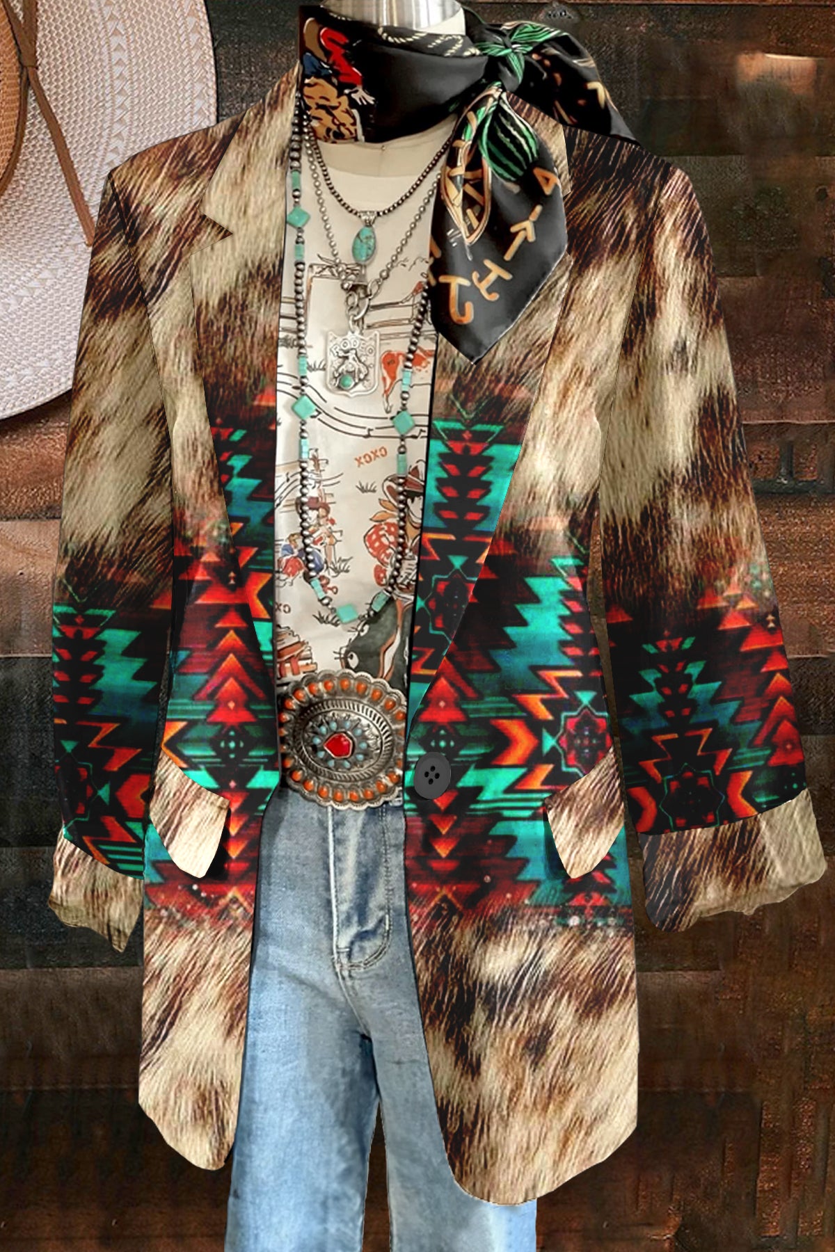 Vintage Western Print Long Sleeve Blazer