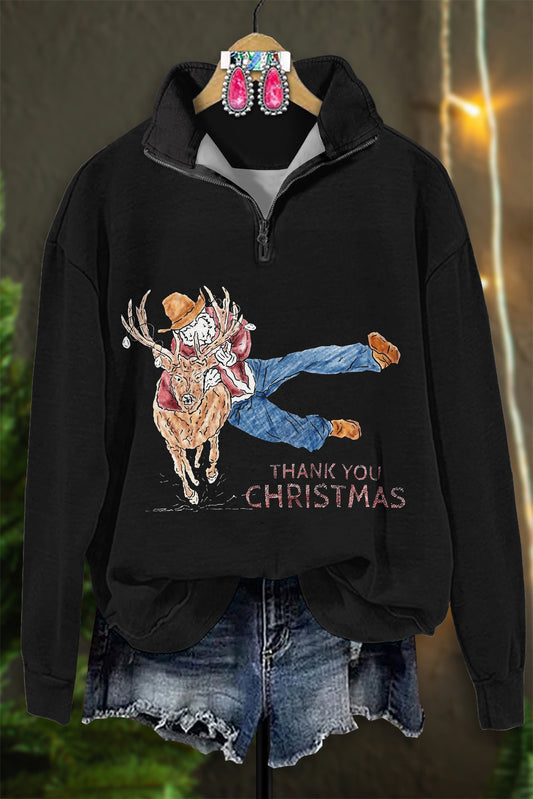 Vintage Western Santa Print Zip-Up Sweatshirt