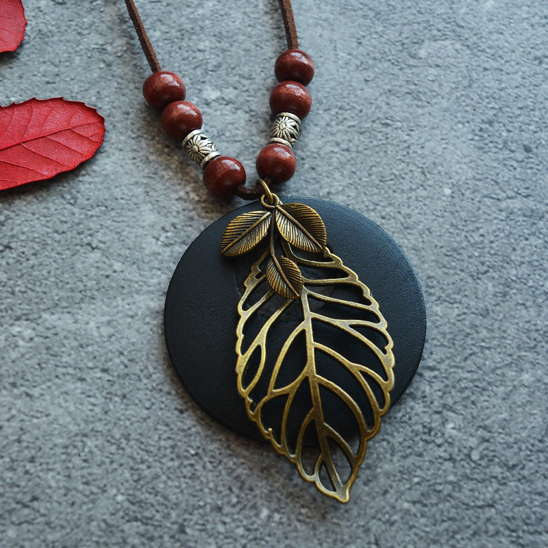 Female Ethnic Wooden Leaf Necklace