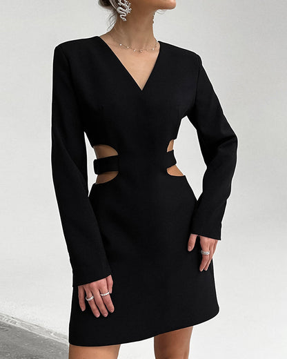 V-Neck Hollow Long-Sleeve Blazer Dress