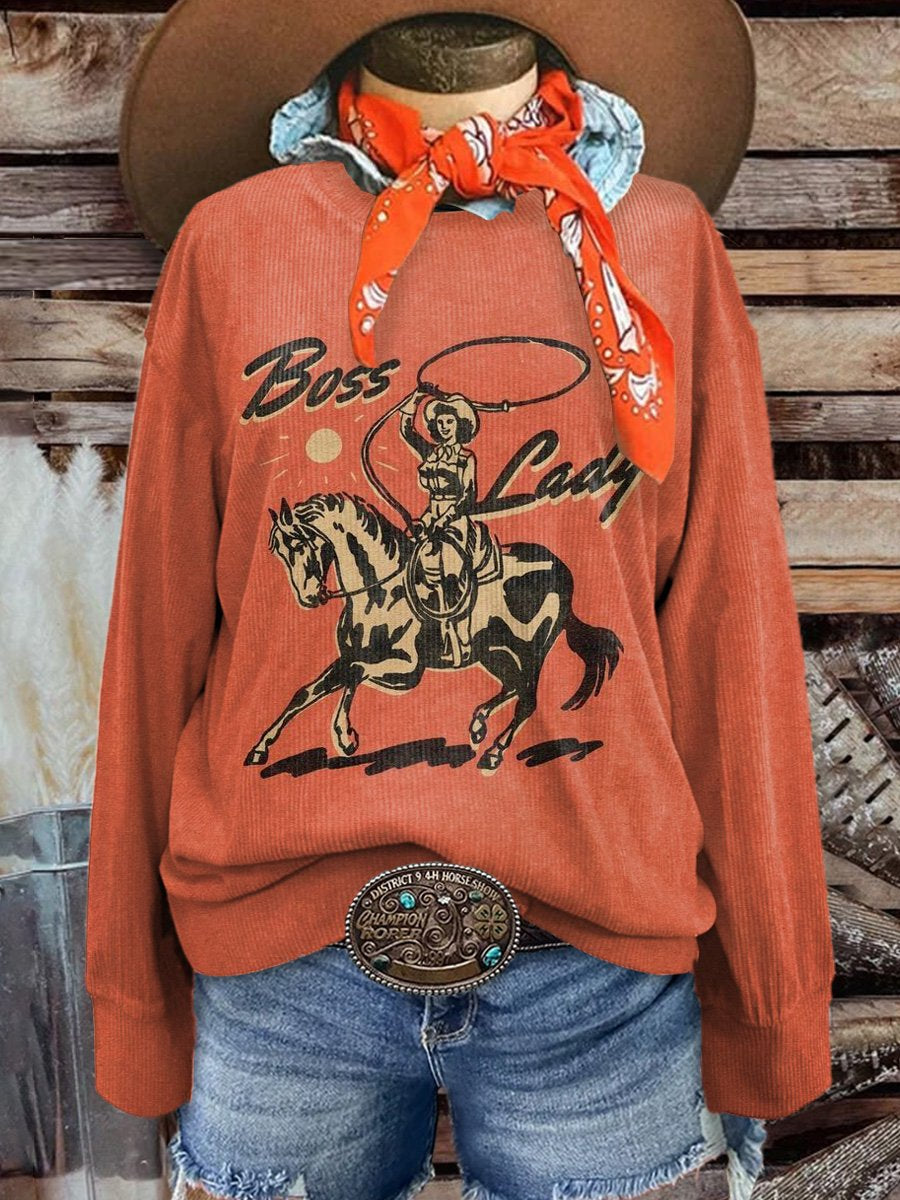 Women's Boss Lady West Cowgirl Casual Print Corduroy Sweatshirt