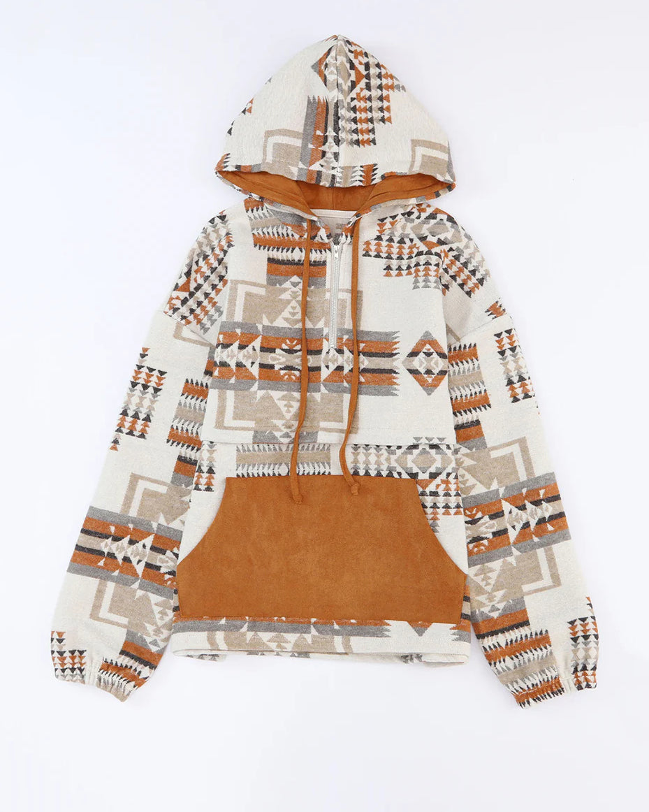 Aledo Ethnic Print Loose Hooded Sweatshirt