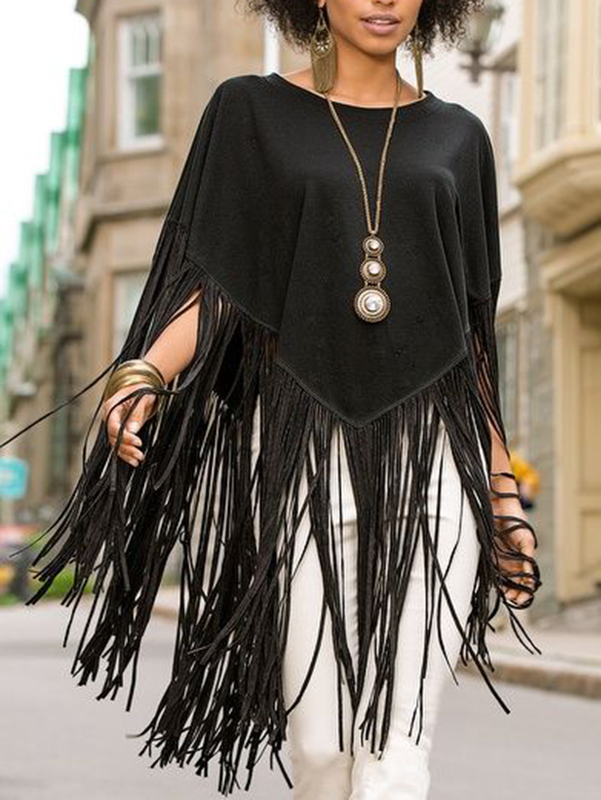 Daily Crew Neck Fringed Solid Loose Blouse