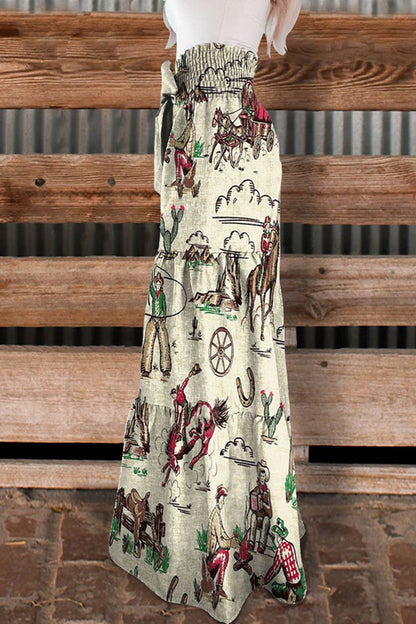 Vintage Wild West Cowboys Print Tiered Palazzo Pants-0520