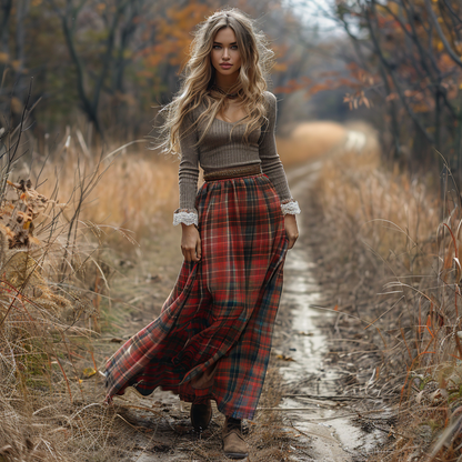 Women's Retro Plaid V-neck Long-sleeved Long Skirt Pastoral Style Dress