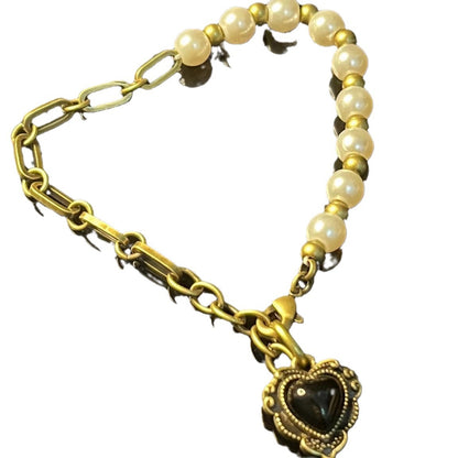 Womens White Spade Heart Vintage Pearl Bracelet