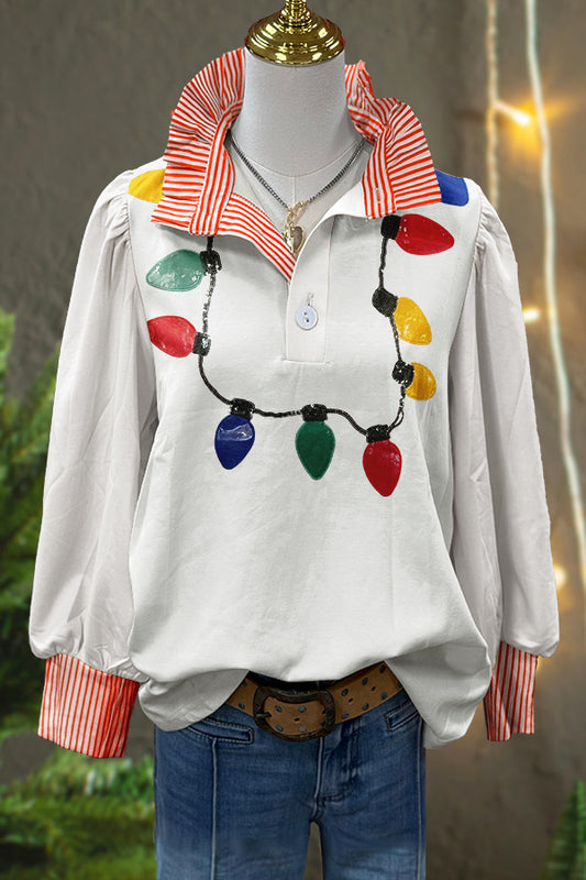 Christmas Lights Print Puff Sleeve Blouse