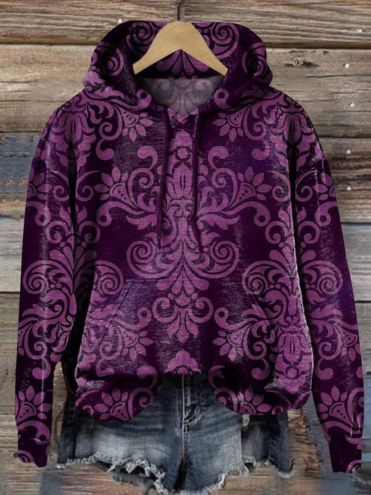 Vintage Floral Pattern Printed Casual Hoodie Sweatshirt