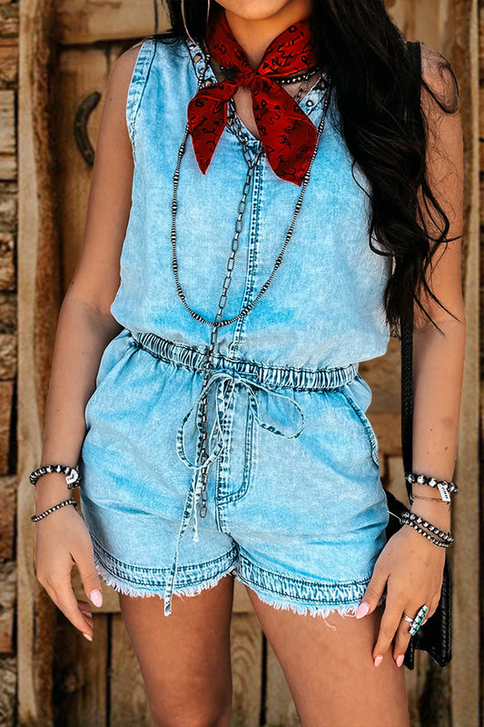 Studded Neckline Denim Romper