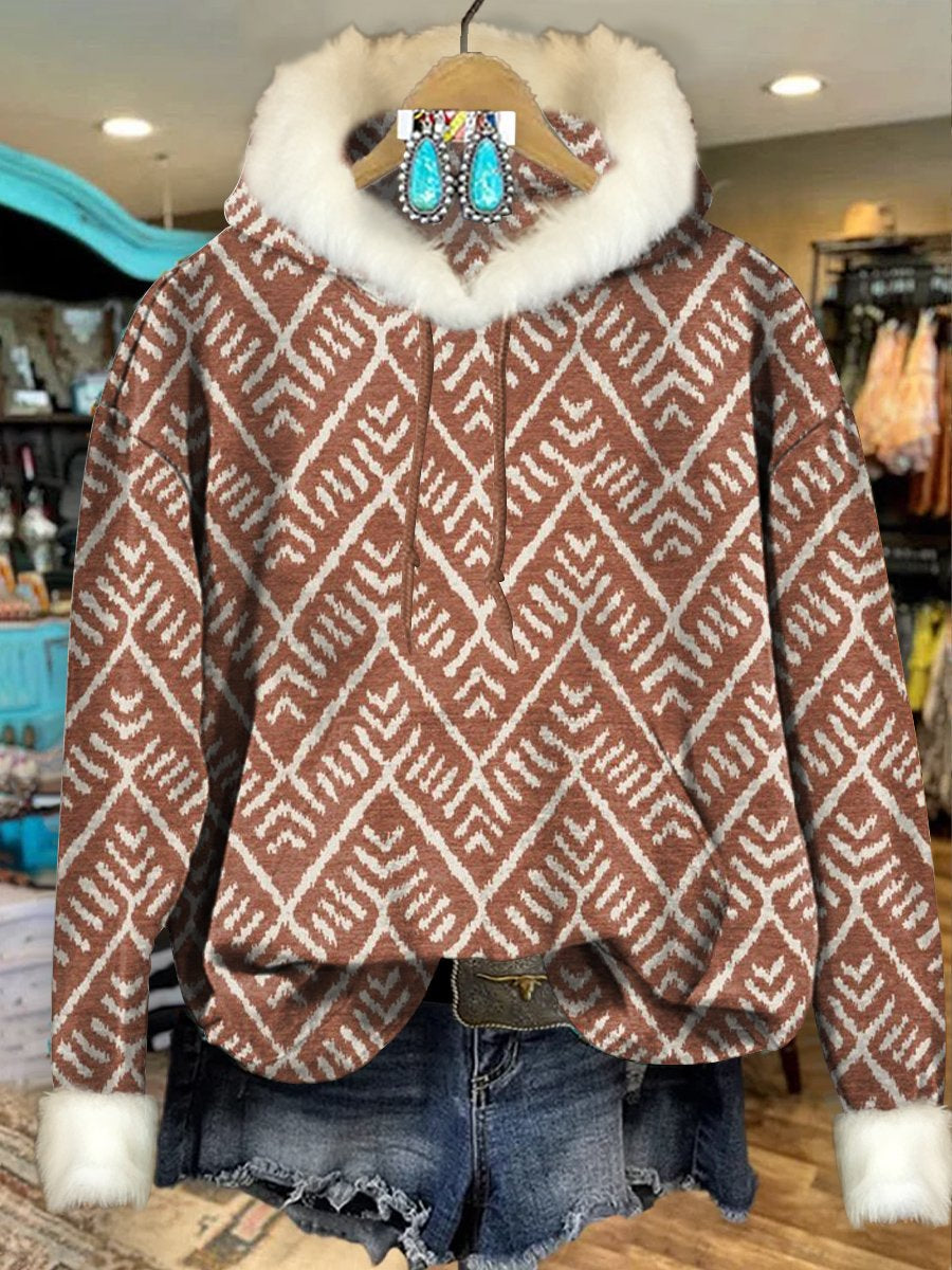 Maroon Vintage Aztec Print Imitation Rabbit Fur Trim Casual Hoodie Sweatshirt