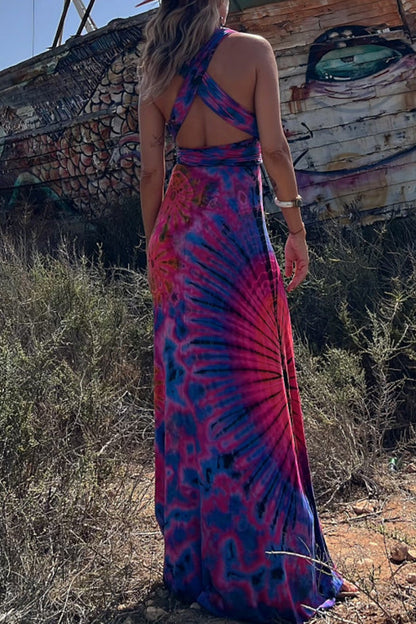 Generate Joy Tie-dye Print V-neck Cross Back Straps Stretch Maxi Dress