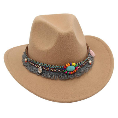 Men's Vintage Western Ethnic Tassels Cowboy Hat Knight Woolen British Felt Hat