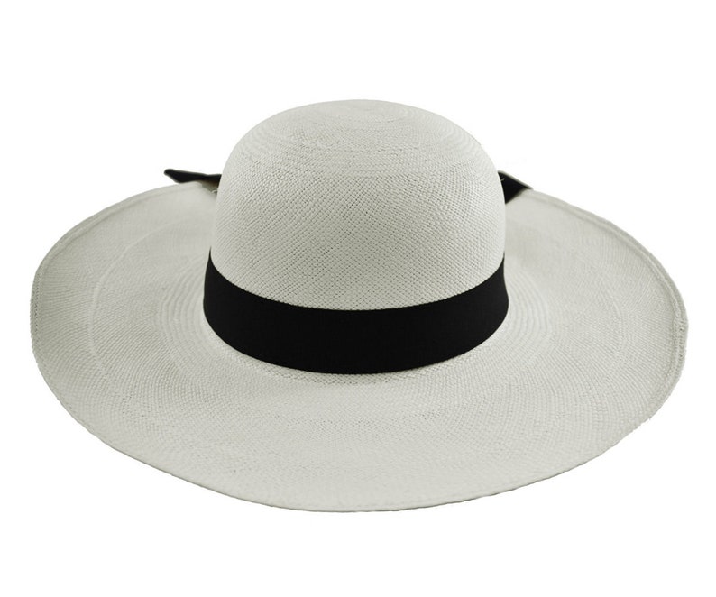 Classy Long Brim White | Black Band | Genuine Panama Hat | Toquilla Straw | Handwoven in Ecuador - EA - HatBox Included