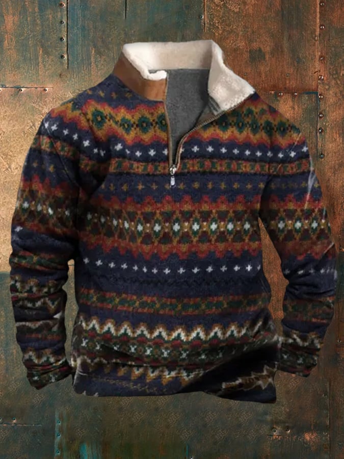 Men's Western Vintage Print Plush Stand Collar Zip Sweatshirt