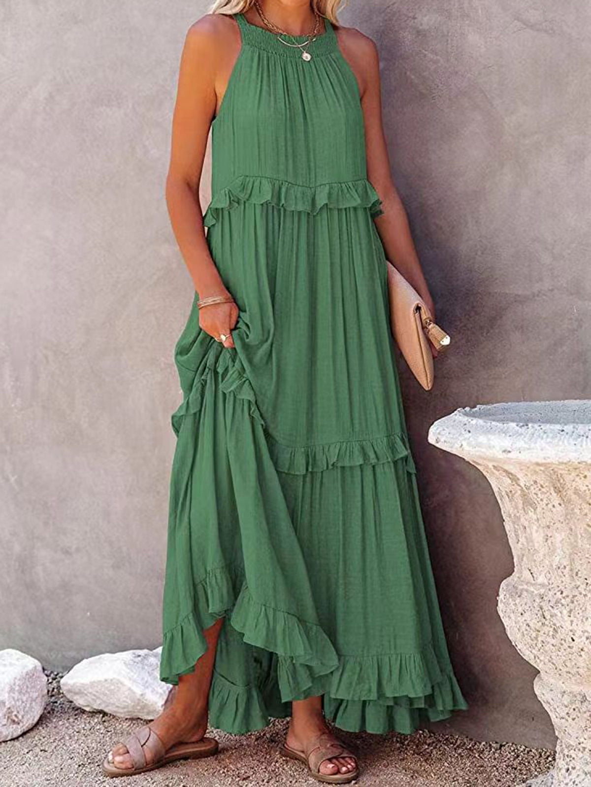 Casual Plain Ruffle Trim Smocking Sleeveless Maxi Dress