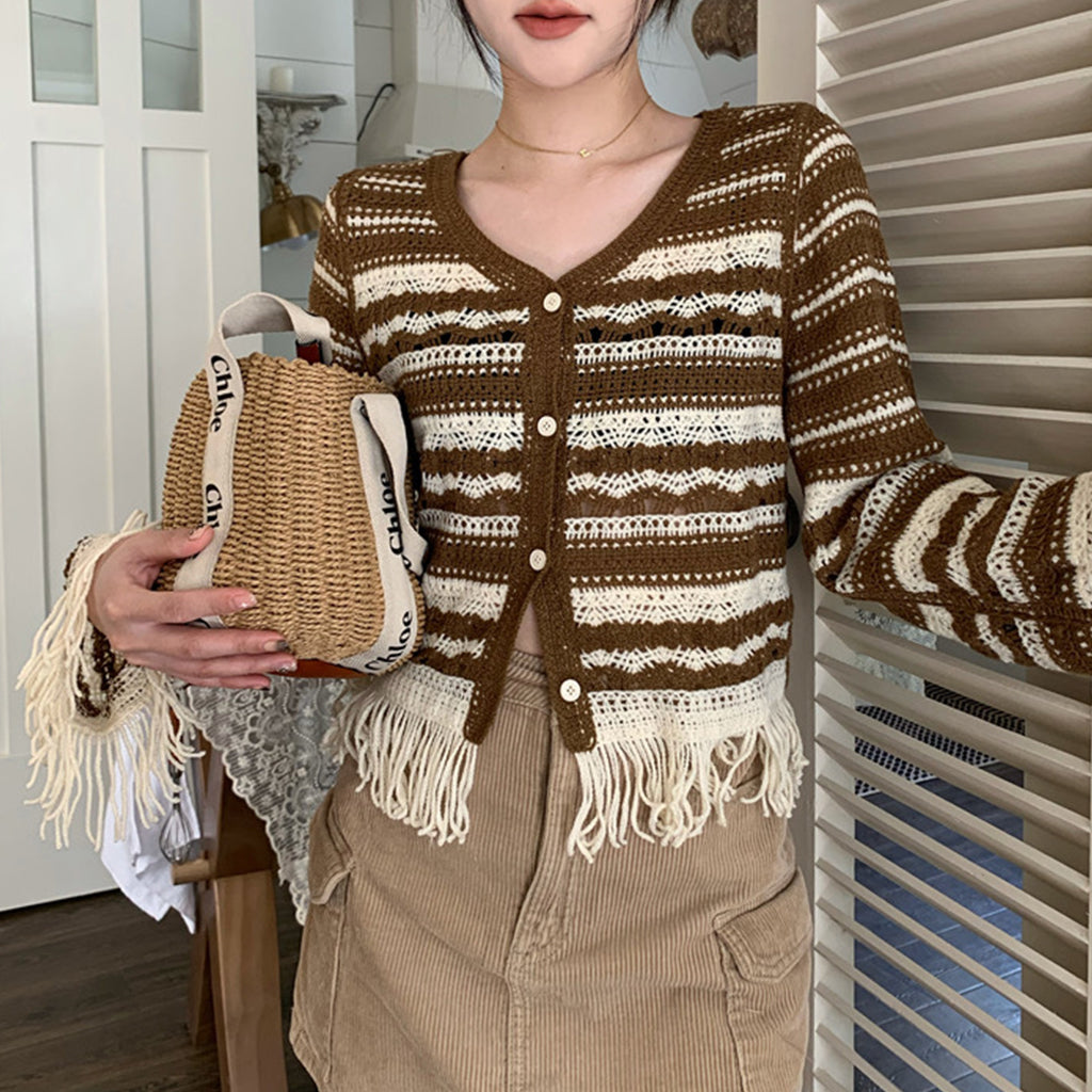 Spliced tassel Knitted Cardigan For Women, Autumn Contrast Stripes, Slimming, Hollow Short Long Sleeve Tops