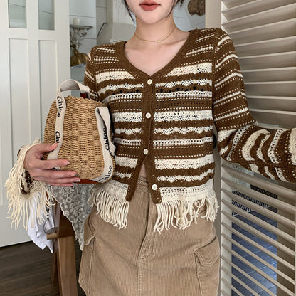 Spliced tassel Knitted Cardigan For Women, Autumn Contrast Stripes, Slimming, Hollow Short Long Sleeve Tops