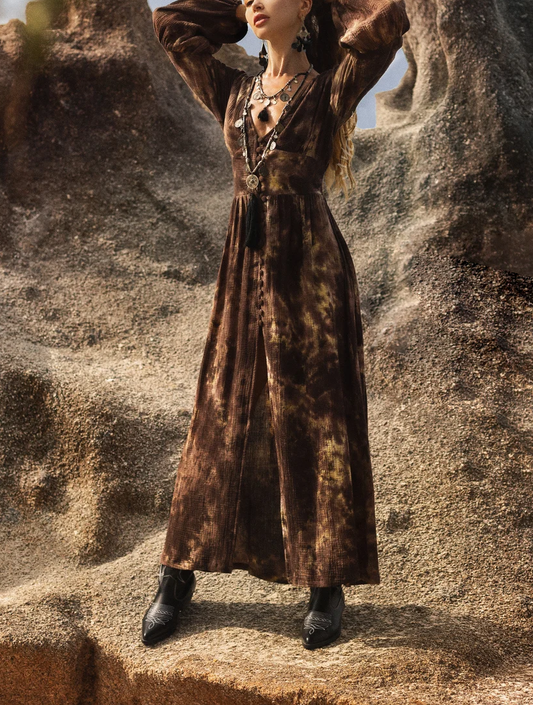 Tie Dye Brown Organic Cotton Dress • Long Sleeve Dress • Boho Maxi Dress • Goddess Boho Dress • Pastoral Dress