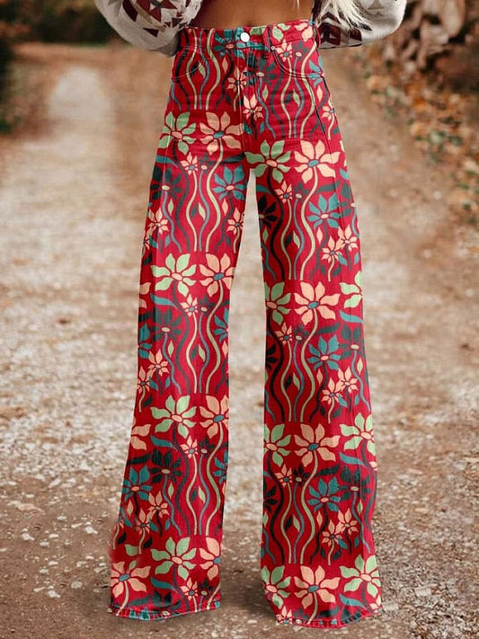 Women's Bohemia Flower Print Casual Wide Leg Pants