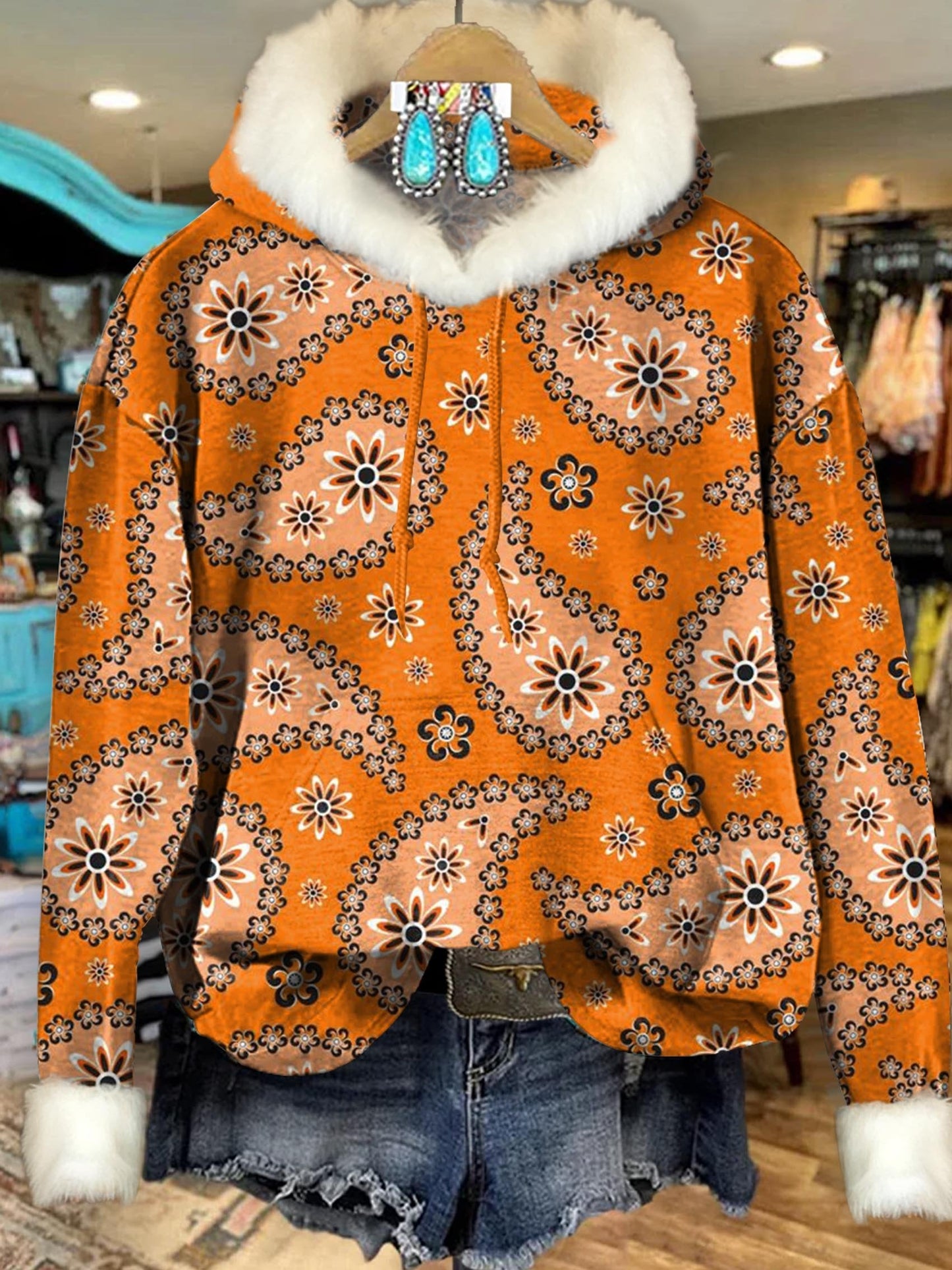 Vintage Orange Paisley Cashew Floral Art Print Imitation Rabbit Fur Trim Casual Hoodie Sweatshirt