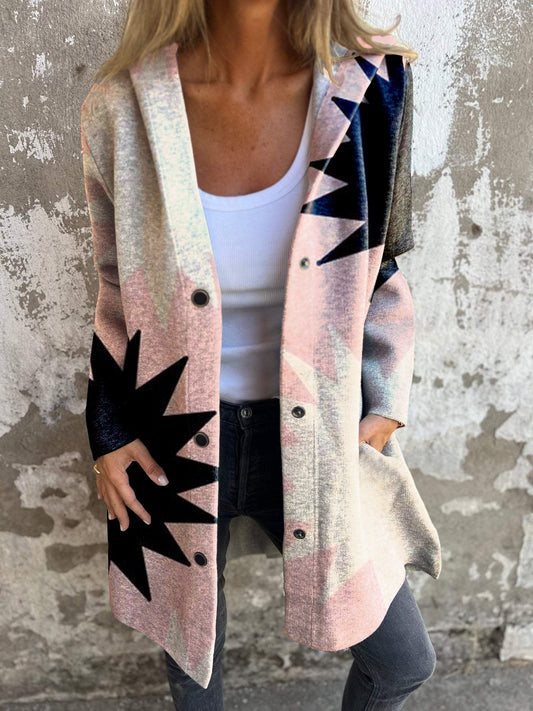 Pink Explosion Print Casual Long Sleeve Button Hooded Jacket