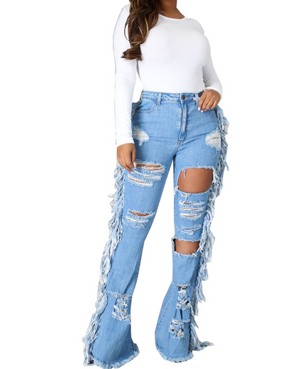 Tassels Ripped Holes Slim-Fit Flared Jeans